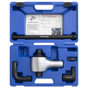 Blue plastic carrying case open to reveal the Sealey Torque Multiplier Set 7pc 1/2"-1"Sq Drive - AK6291, featuring instructions, a long black handle, and several compatible drive tool attachments neatly arranged inside.