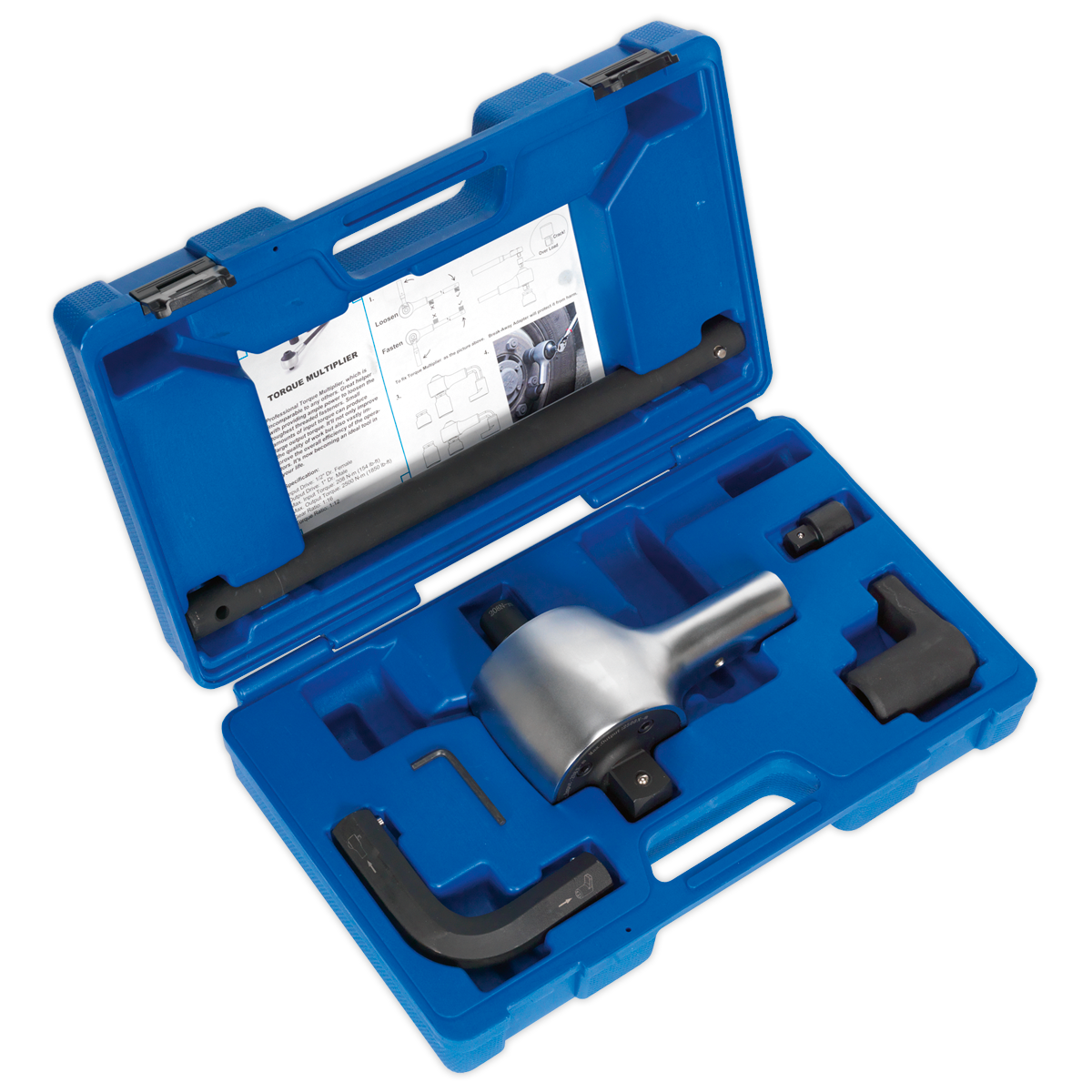 A blue plastic carrying case containing a Torque Multiplier Set 7pc 1/2"-1"Sq Drive (model AK6291) from Sealey, including a silver attachment and various black components, with an instruction sheet affixed to the case's lid.