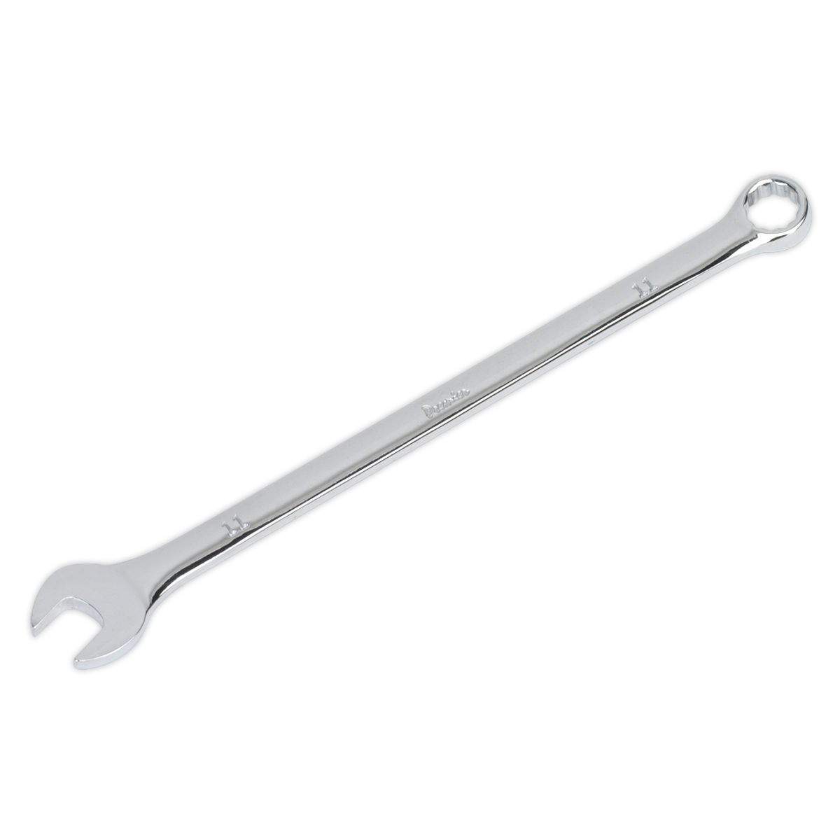 A shiny metal Combination Spanner Extra-Long 11mm - AK631011 by Sealey, made from durable Chrome Vanadium steel, features an open-ended head on one side and a WallDrive ring with a ratcheting mechanism on the other.