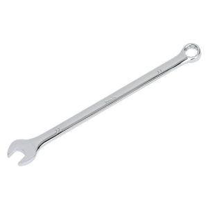 A shiny metal Combination Spanner Extra-Long 11mm - AK631011 by Sealey, made from durable Chrome Vanadium steel, features an open-ended head on one side and a WallDrive ring with a ratcheting mechanism on the other.