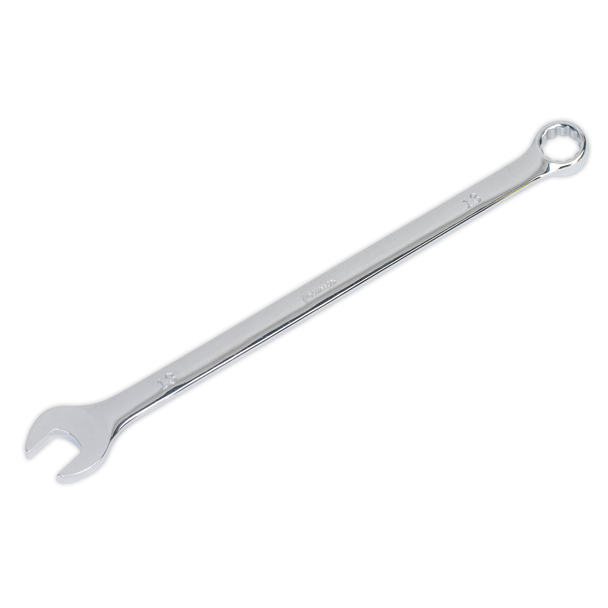 Image of a Sealey Combination Spanner Extra-Long 13mm (AK631013) featuring an open-end on one side and a box-end on the other. The tool is crafted from durable Chrome Vanadium steel, making it ideal for tightening or loosening nuts and bolts, and comes with a lifetime guarantee.