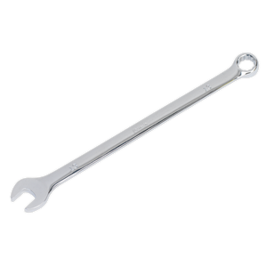 Image of a Sealey Combination Spanner Extra-Long 13mm (AK631013) featuring an open-end on one side and a box-end on the other. The tool is crafted from durable Chrome Vanadium steel, making it ideal for tightening or loosening nuts and bolts, and comes with a lifetime guarantee.