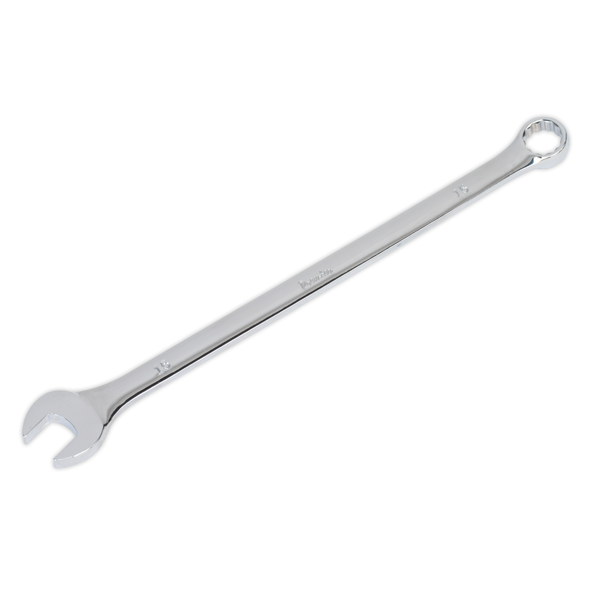 Introducing the Sealey Combination Spanner Extra-Long 15mm - AK631015, crafted from premium Chrome Vanadium steel. This versatile tool features an open-end on one side and a box-end on the other, along with an extra-long shaft for superior reach and versatility.