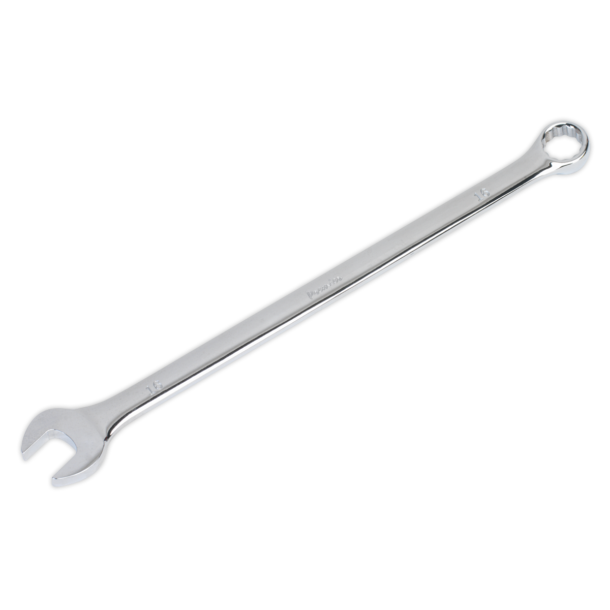 The Sealey Combination Spanner Extra-Long 16mm - AK631016 is a premier hand tool in silver, featuring an open end on one side and a box end on the other. Crafted from Chrome Vanadium steel, it comes with a lifetime guarantee for enduring performance.