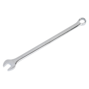 The Sealey Combination Spanner Extra-Long 16mm - AK631016 is a premier hand tool in silver, featuring an open end on one side and a box end on the other. Crafted from Chrome Vanadium steel, it comes with a lifetime guarantee for enduring performance.