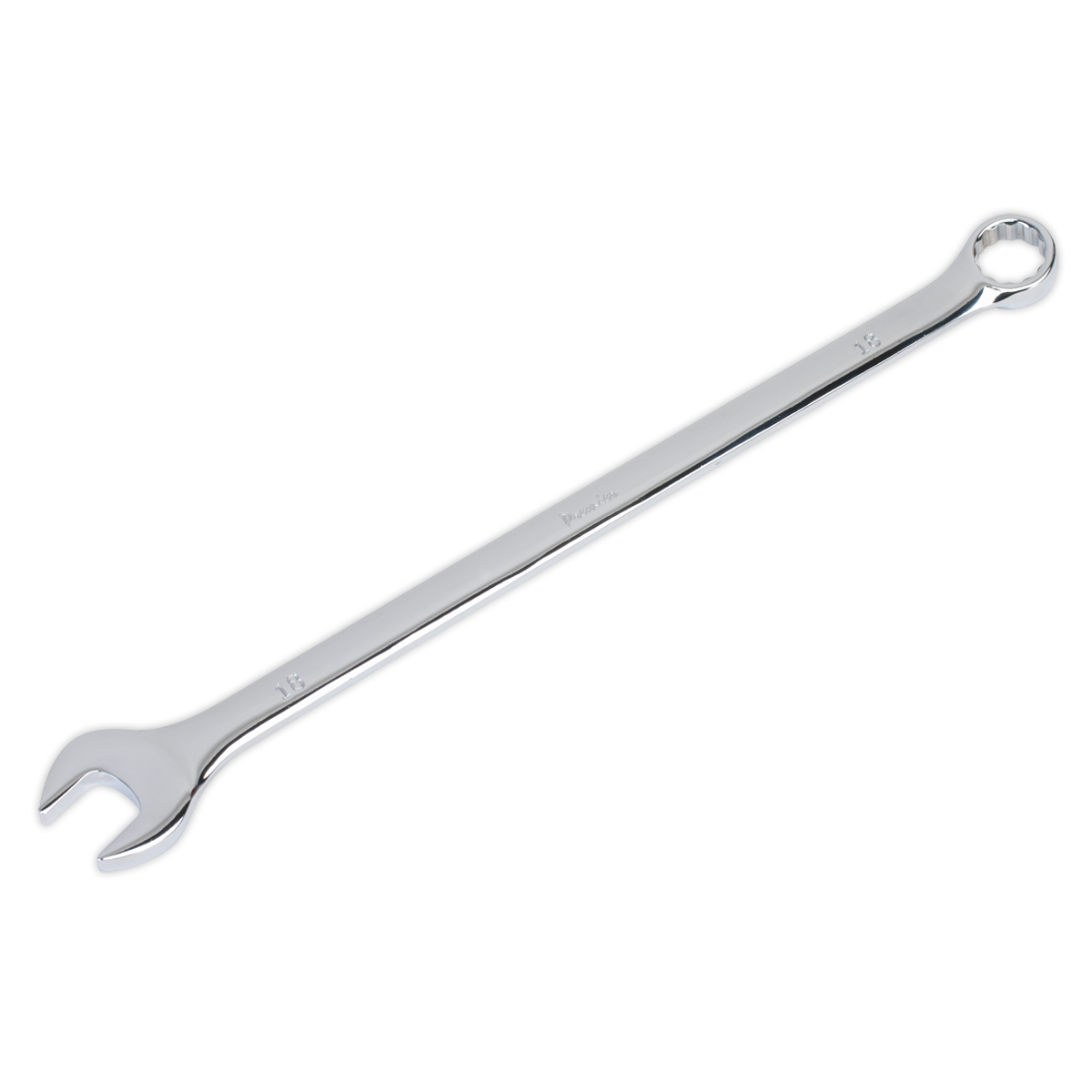 A Sealey Combination Spanner Extra-Long 18mm - AK631018, featuring an open-end and a box-end design, crafted from durable Chrome Vanadium steel and backed by a lifetime guarantee.