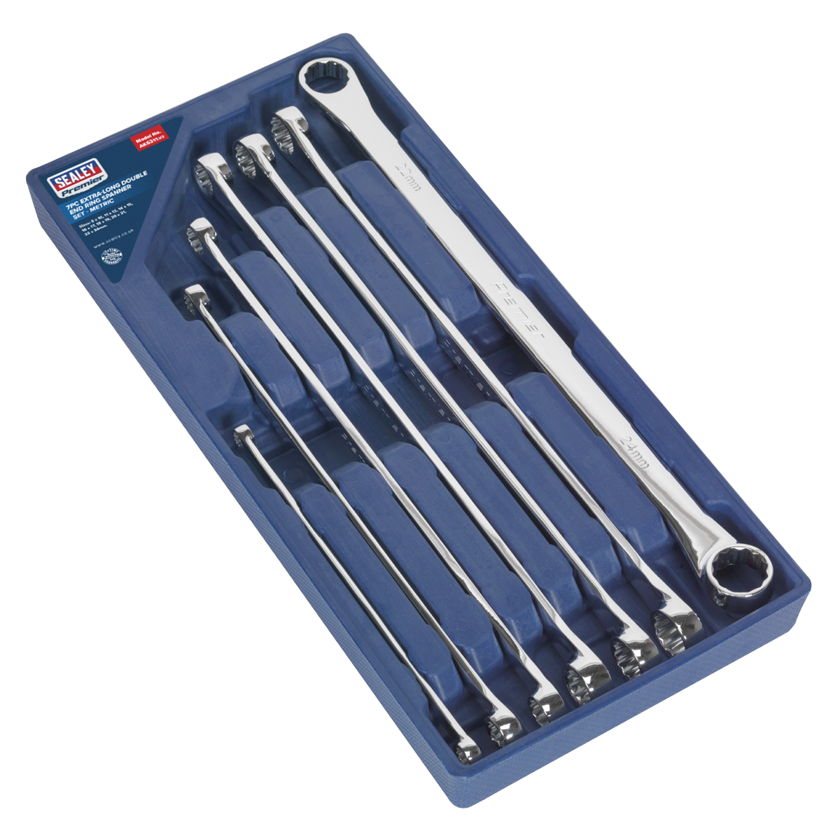 A Sealey Double End Ring Spanner Set 7pc Extra-Long Metric - AK6311, featuring seven spanners of assorted sizes, crafted from durable Chrome Vanadium steel and neatly organized in a blue plastic tray.