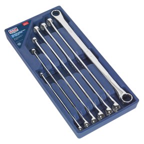 A Sealey Double End Ring Spanner Set 7pc Extra-Long Metric - AK6311, featuring seven spanners of assorted sizes, crafted from durable Chrome Vanadium steel and neatly organized in a blue plastic tray.