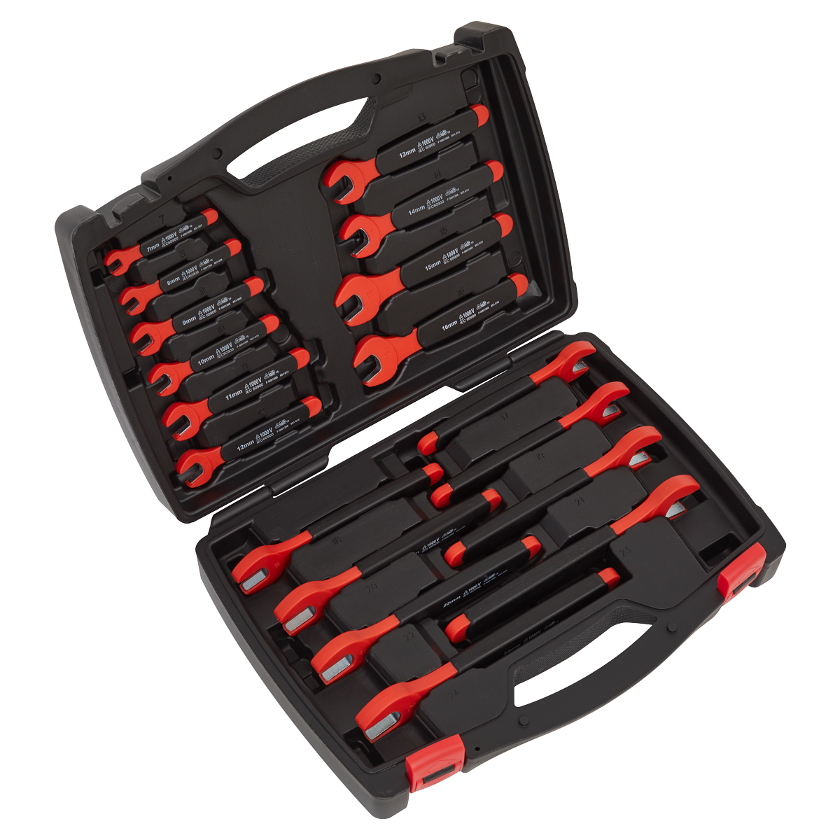 A black and red Sealey Insulated Open-End Spanner Set 18pc VDE Approved (AK63172) is displayed with various Chrome Vanadium steel spanners neatly organized inside a hard-shell case.