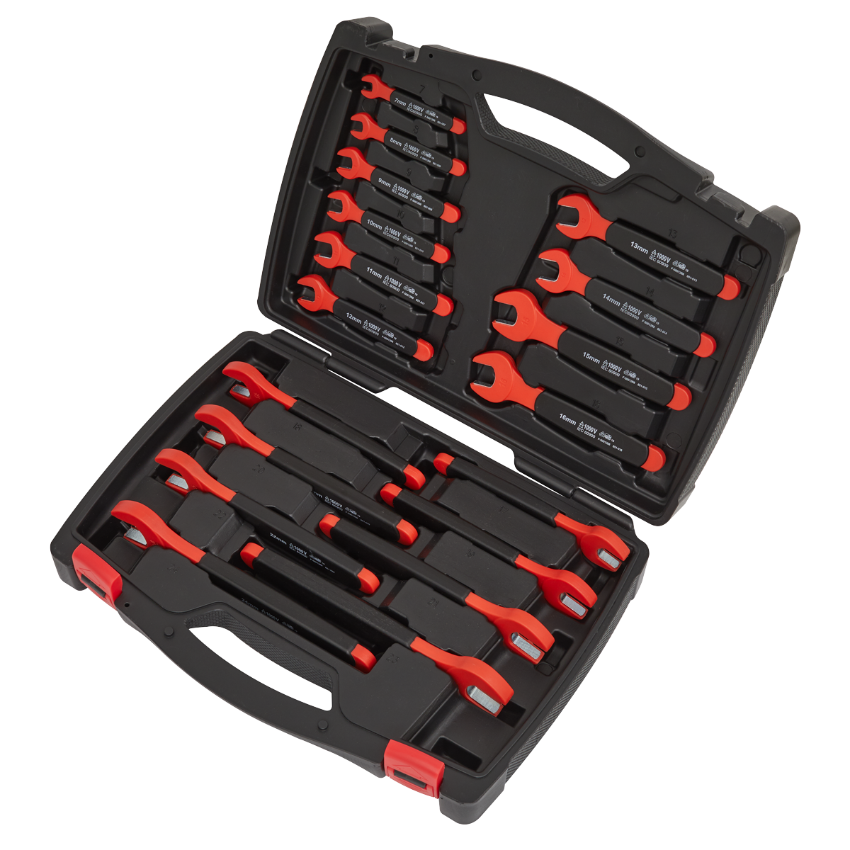 A black and red plastic carrying case from Sealey, containing the Insulated Open-End Spanner Set 18pc VDE Approved - AK63172, holds a set of red and black Chrome Vanadium steel hand wrenches of various sizes, neatly organized in individual slots.