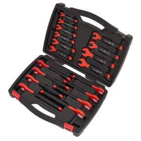 A black and red plastic carrying case from Sealey, containing the Insulated Open-End Spanner Set 18pc VDE Approved - AK63172, holds a set of red and black Chrome Vanadium steel hand wrenches of various sizes, neatly organized in individual slots.
