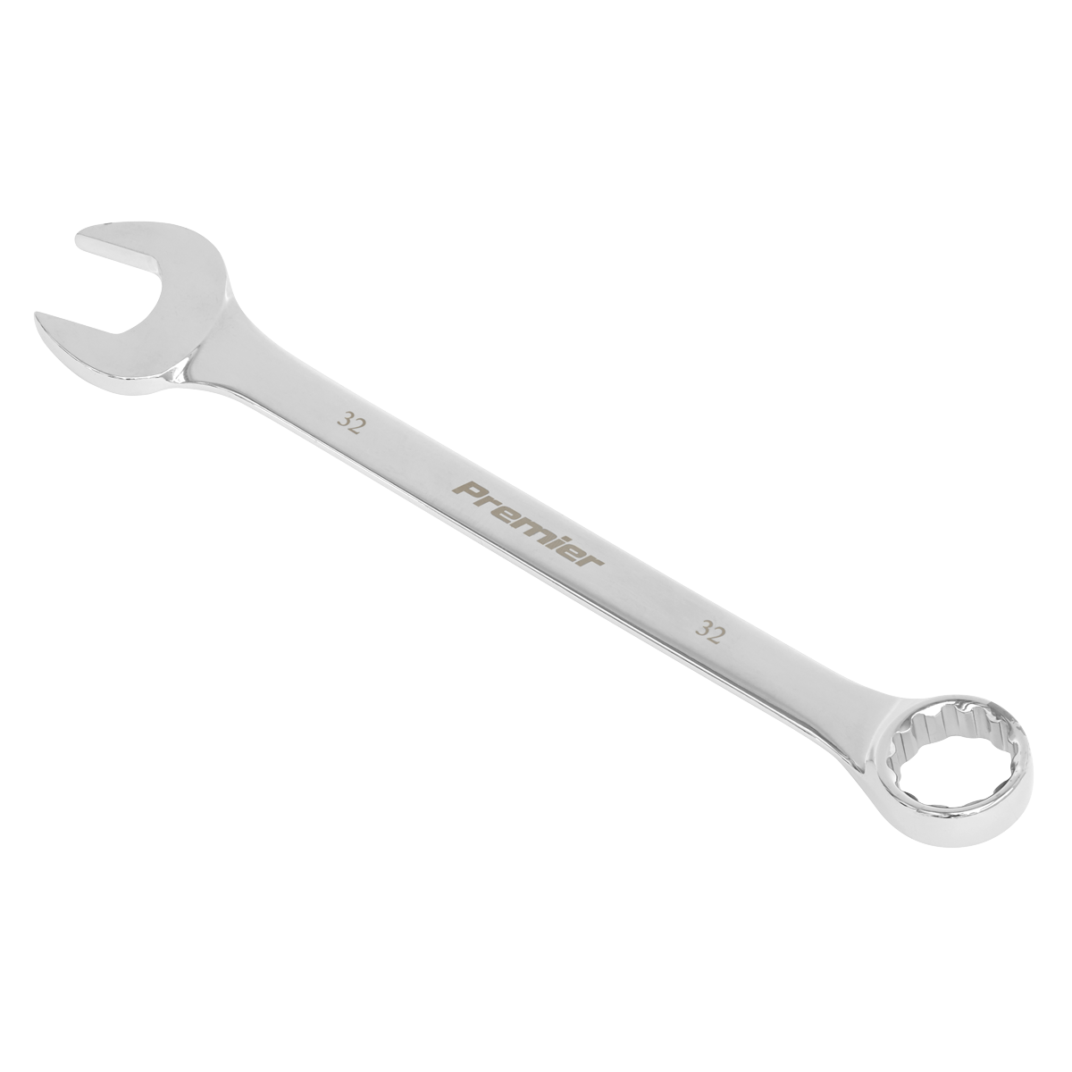 A silver combination spanner with open-end and box-end sides, marked with "32" and the brand name "Sealey" in the center of the handle. Made from durable Chrome Vanadium steel, this Combination Spanner Super Jumbo 32mm - AK6324321 is ideal for both agricultural and industrial use.