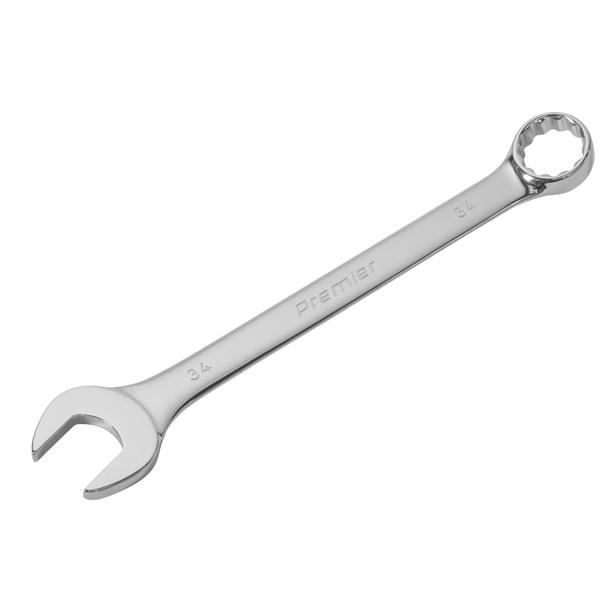 An oversized combination spanner featuring an open end and a closed, ring end, marked as "34mm" and bearing the "Sealey" brand name. This Super Jumbo sized tool, part number AK632434, is crafted from durable Chrome Vanadium steel to ensure premium quality and reliability.