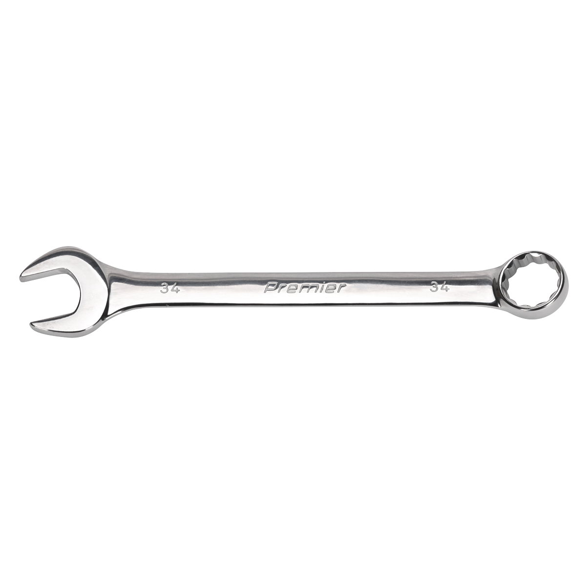 Introducing the Sealey Combination Spanner Super Jumbo 34mm - AK632434, a silver open-end and box-end wrench crafted from durable Chrome Vanadium steel.