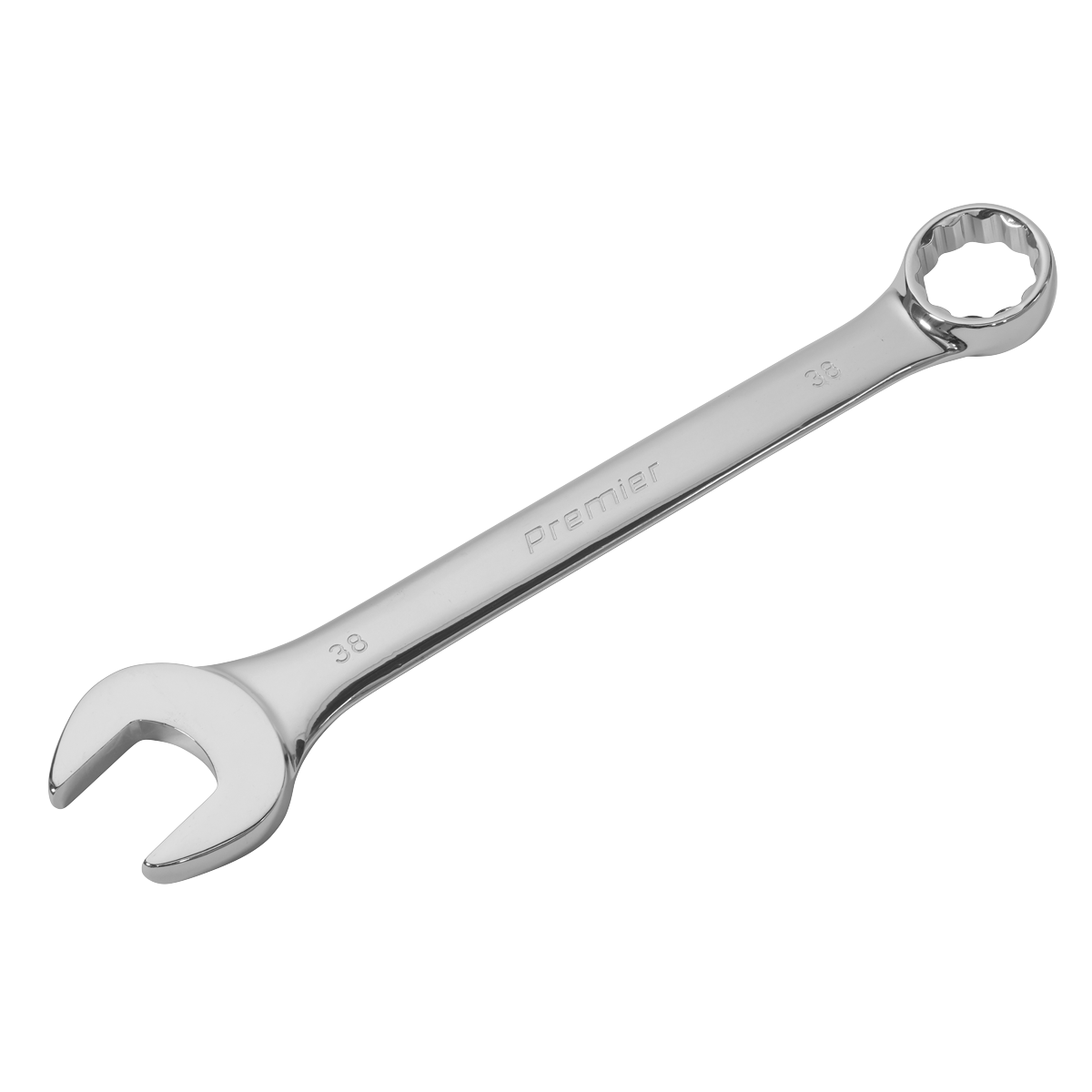 A Sealey Combination Spanner Super Jumbo 38mm (model AK632438), crafted from Chrome Vanadium steel, features a corrosion-resistant chrome finish and includes both an open-end and a box-end.