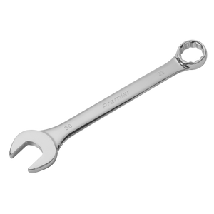 A Sealey Combination Spanner Super Jumbo 38mm (model AK632438), crafted from Chrome Vanadium steel, features a corrosion-resistant chrome finish and includes both an open-end and a box-end.