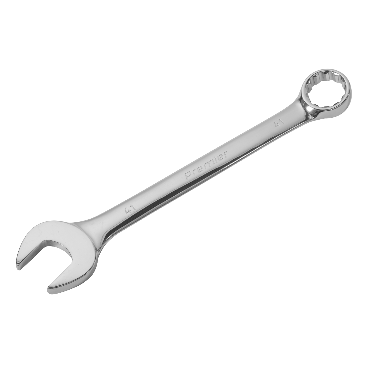 The Combination Spanner Super Jumbo 41mm - AK632441 from Sealey is a shiny metal wrench crafted from Chrome Vanadium steel for superior strength and corrosion resistance. It has an open-end on one side and a box-end on the other, with size marking "41" engraved on both ends. This tool exemplifies the quality of Premier Hand Tools.