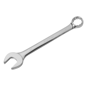 The Combination Spanner Super Jumbo 41mm - AK632441 from Sealey is a shiny metal wrench crafted from Chrome Vanadium steel for superior strength and corrosion resistance. It has an open-end on one side and a box-end on the other, with size marking "41" engraved on both ends. This tool exemplifies the quality of Premier Hand Tools.