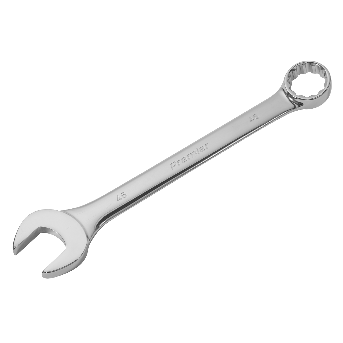 A silver combination wrench with an open-end on one side and a box-end on the other, labeled "Sealey" and marked with the size "46", crafted from durable Chrome Vanadium steel. The product is named "Super Jumbo Combination Spanner 46mm - AK632446".