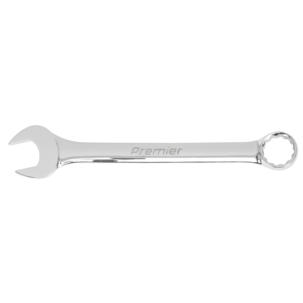 The Super Jumbo Combination Spanner 46mm - AK632446 features one open end and one box end, crafted from durable Chrome Vanadium steel. The handle is engraved with the word "Sealey," signifying its origin from the Sealey brand. This robust tool is backed by a lifetime guarantee, ensuring dependable performance for years to come.