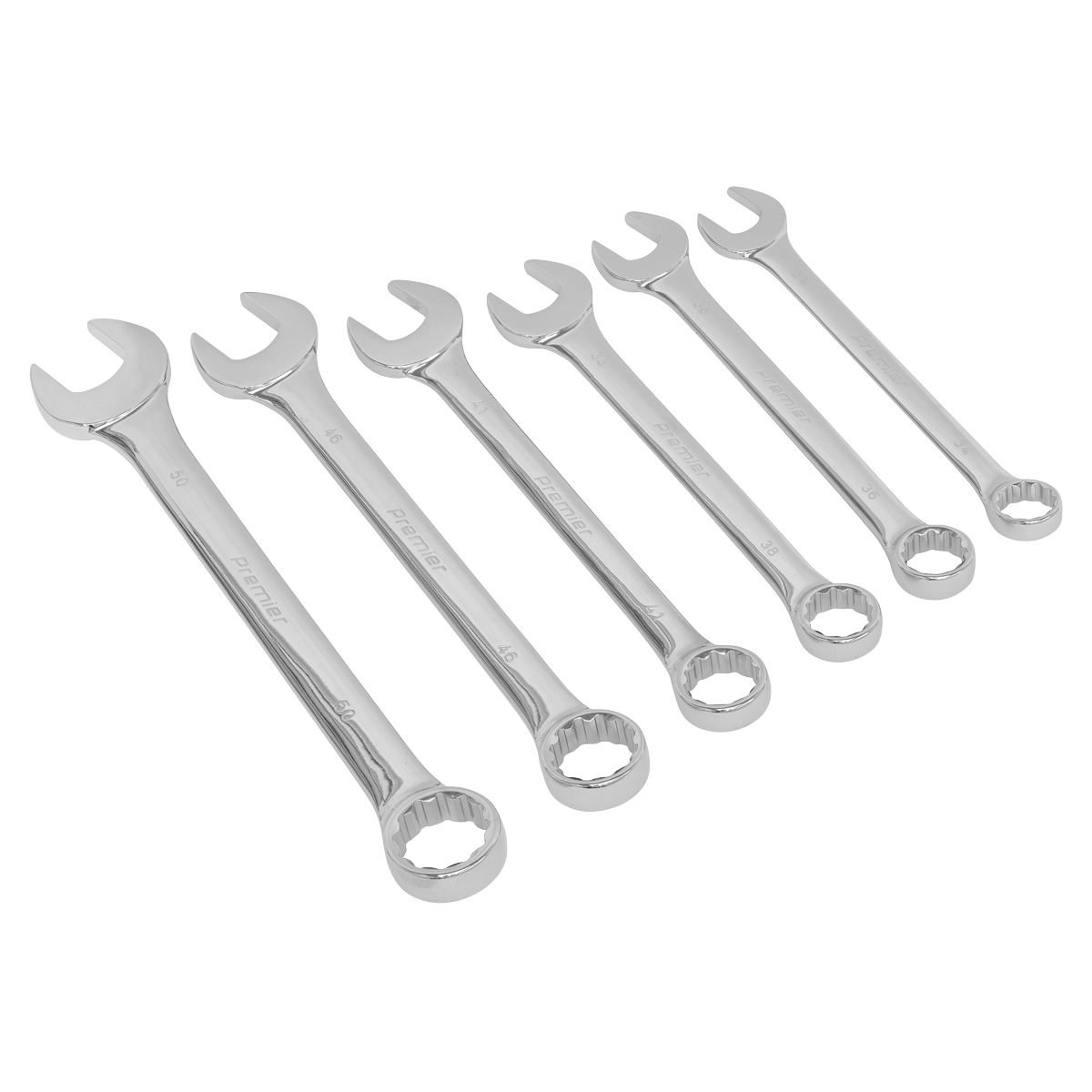 A set of six Sealey Combination Spanner Set 6pc Super Jumbo Metric - AK6324, crafted from durable Chrome Vanadium steel, arranged in ascending size order on a white background.