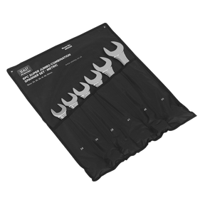 The Sealey Combination Spanner Set 6pc Super Jumbo Metric - AK6324 includes a set of six super jumbo combination spanners made from Chrome Vanadium steel, ranging in sizes from 34mm to 50mm. The spanners are neatly labeled and organized in individual pockets within a black roll-up pouch.