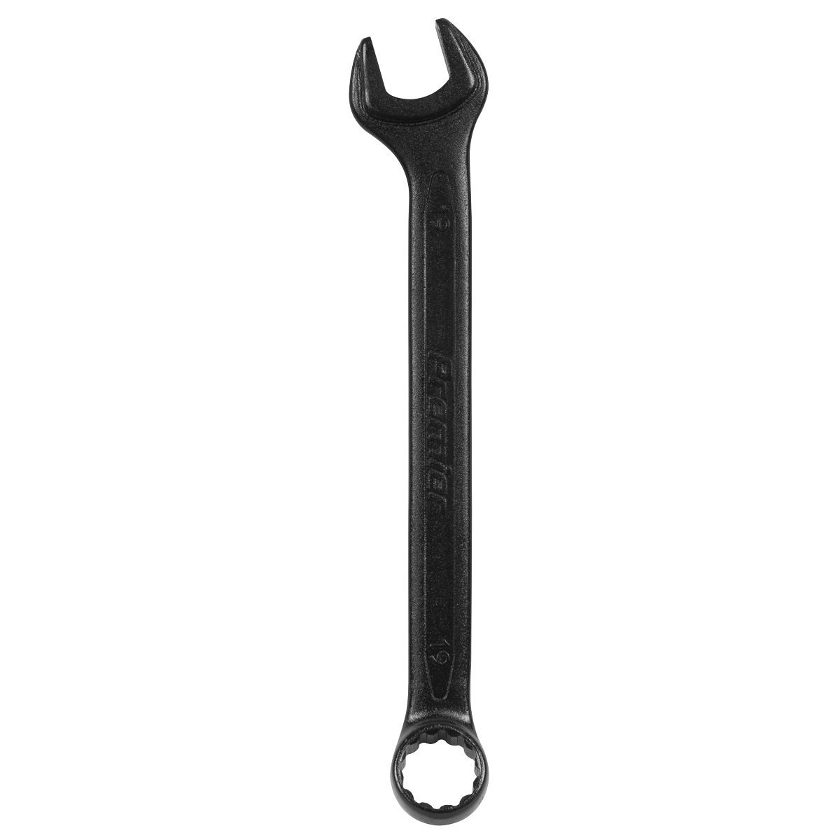 The Sealey Combination Spanner Set 12pc Metric - Black Series - AK63263B includes a black combination wrench that features an open-end jaw on one side and a closed ring on the other, ideal for tightening or loosening nuts and bolts. Made from durable chrome vanadium steel, this tool ensures long-lasting performance.