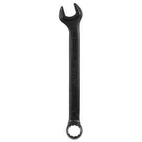 The Sealey Combination Spanner Set 12pc Metric - Black Series - AK63263B includes a black combination wrench that features an open-end jaw on one side and a closed ring on the other, ideal for tightening or loosening nuts and bolts. Made from durable chrome vanadium steel, this tool ensures long-lasting performance.