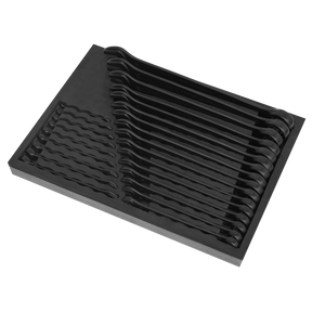 The Sealey Combination Spanner Set 25pc Metric - Black Series - AK63264B features a collection of black wrenches made from durable Chrome Vanadium Steel, all neatly arranged in a foam tray and displayed at an angle.