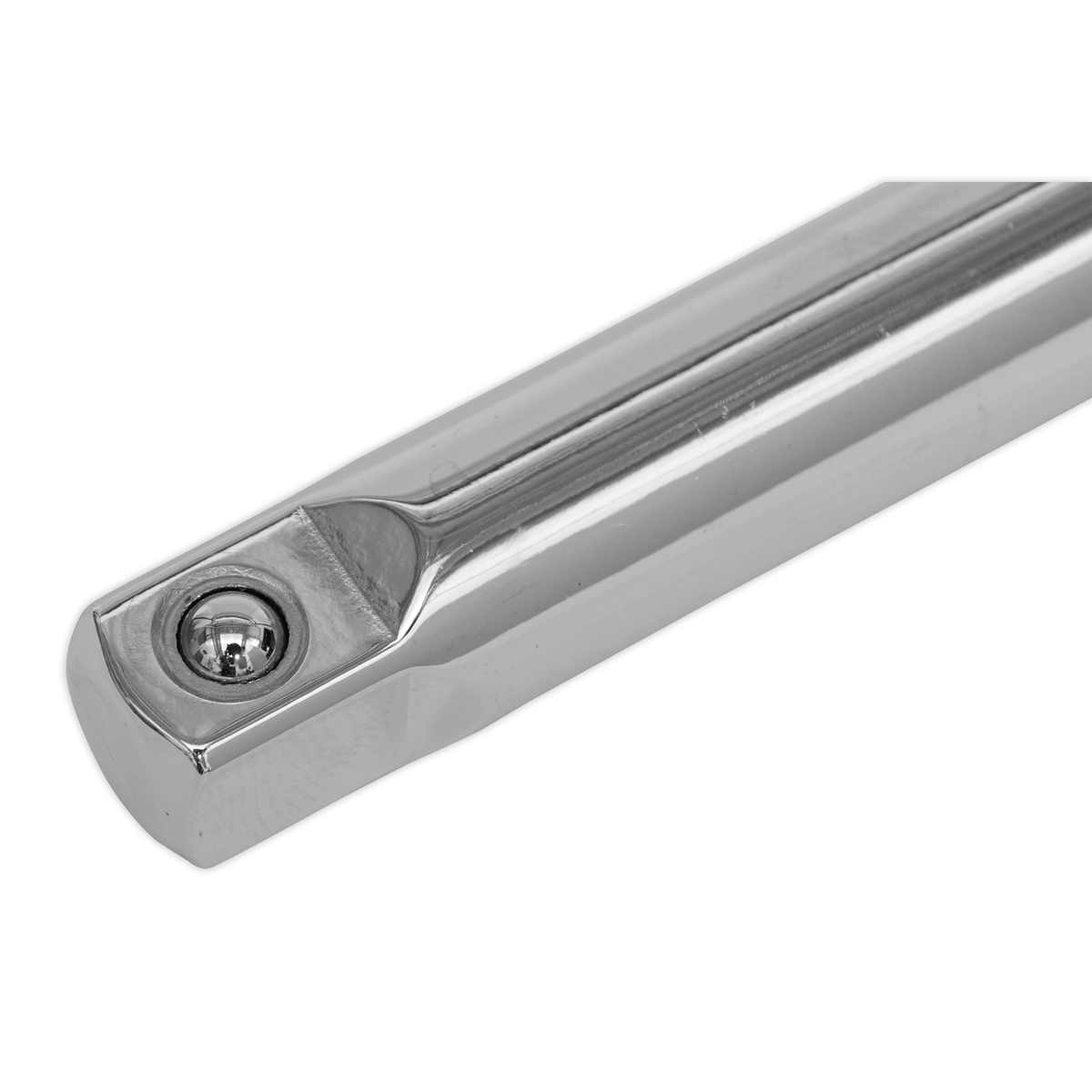 A shiny, metallic extension bar made from Chrome Vanadium steel, ideal for professional use with a ball detent at one end—part of the Sealey Extension Bar Set 3pc 3/8"Sq Drive (AK6340).