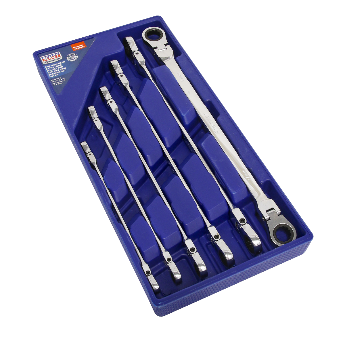 A Flexi-Head Double End Ratchet Ring Spanner Set 6pc Extra-Long Metric (model AK63832) by Sealey, featuring a blue plastic case with dedicated slots for each of the six Chrome Vanadium steel wrenches, which provide ultra-smooth ratchet action.