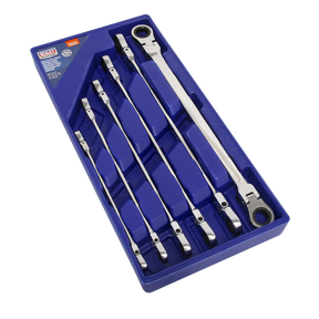 A Flexi-Head Double End Ratchet Ring Spanner Set 6pc Extra-Long Metric (model AK63832) by Sealey, featuring a blue plastic case with dedicated slots for each of the six Chrome Vanadium steel wrenches, which provide ultra-smooth ratchet action.