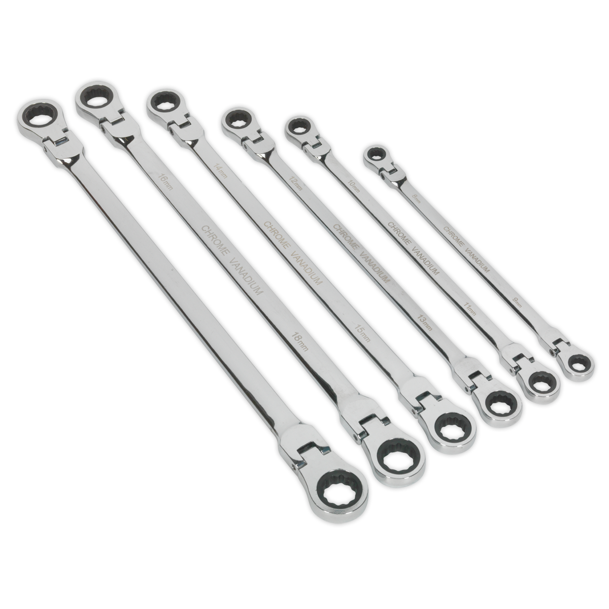 Flexi-Head Double End Ratchet Ring Spanner Set 6pc Extra-Long Metric - AK63832 - Farming Parts