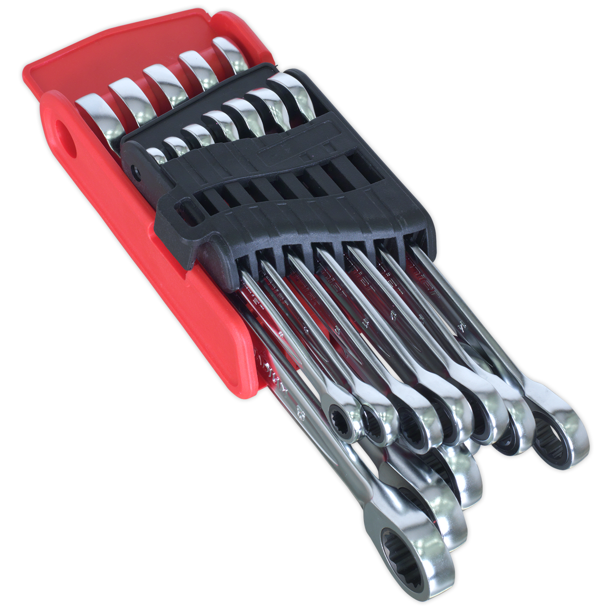 Presenting the Sealey Ratchet Combination Spanner Set 12pc - Metric - Platinum Series (AK63922): These premium chrome-vanadium steel spanners feature 72-tooth ratchet mechanisms and come in an array of sizes, all neatly stored in a red plastic holder with a black securing strap.