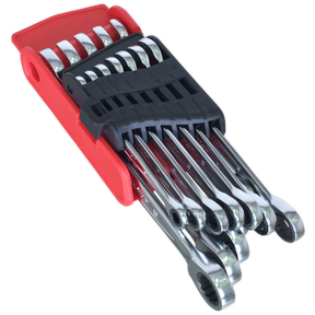Presenting the Sealey Ratchet Combination Spanner Set 12pc - Metric - Platinum Series (AK63922): These premium chrome-vanadium steel spanners feature 72-tooth ratchet mechanisms and come in an array of sizes, all neatly stored in a red plastic holder with a black securing strap.