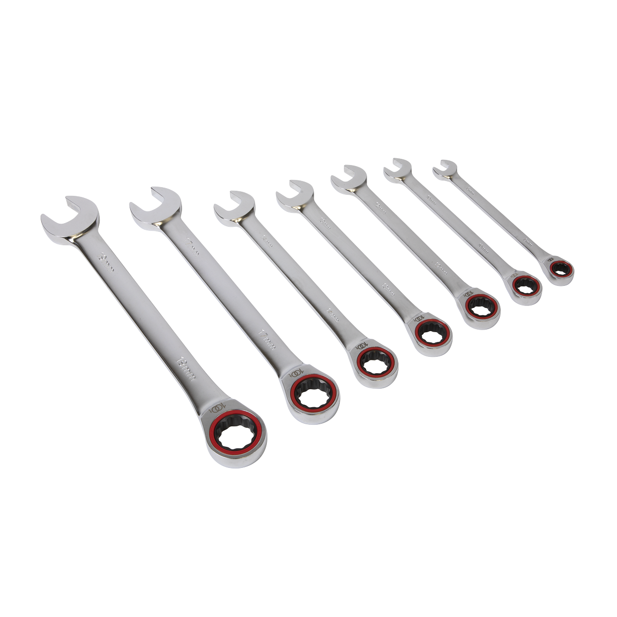 The Sealey Ratchet Combination Spanner Set 7pc Metric Platinum Series - AK63941 includes seven spanners arranged in ascending order of size. These combination wrenches feature both open-ended and boxed ends with red accents, and are crafted from Chrome Vanadium steel for durability and precision in any task.