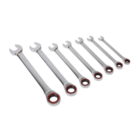 The Sealey Ratchet Combination Spanner Set 7pc Metric Platinum Series - AK63941 includes seven spanners arranged in ascending order of size. These combination wrenches feature both open-ended and boxed ends with red accents, and are crafted from Chrome Vanadium steel for durability and precision in any task.