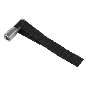 The Sealey Oil Filter Strap Wrench 120mm Capacity 1/2" Sq Drive - AK640 features a satin chrome finish and an attached 25mm wide nylon webbing strap, designed for leverage and easy storage.