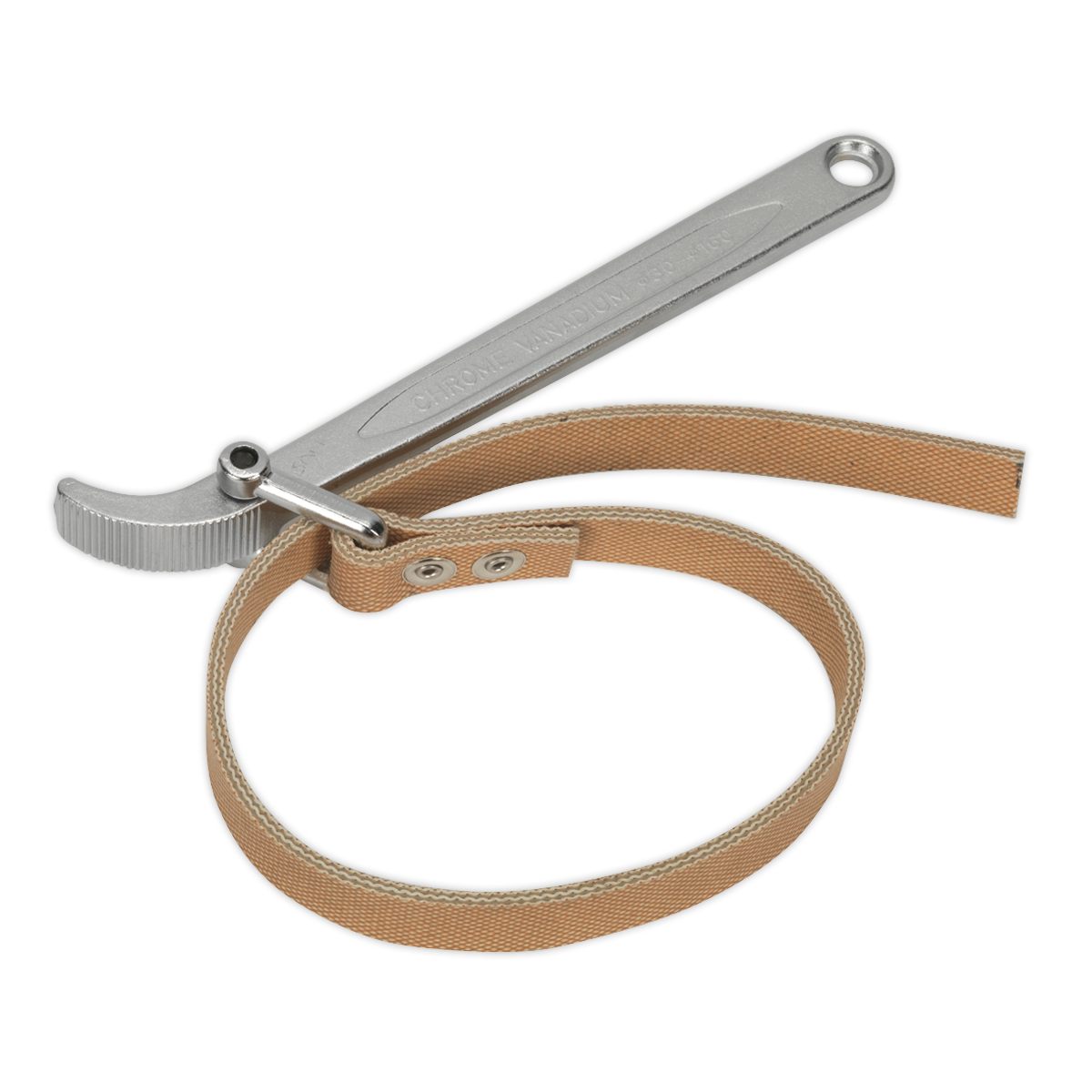 The Sealey Oil Filter Strap Wrench (AK6404) features a rubberized, adjustable beige strap, perfect for gripping and turning cylindrical objects with a diameter range of 60-140mm.