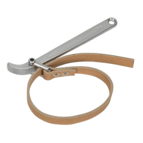 The Sealey Oil Filter Strap Wrench (AK6404) features a rubberized, adjustable beige strap, perfect for gripping and turning cylindrical objects with a diameter range of 60-140mm.