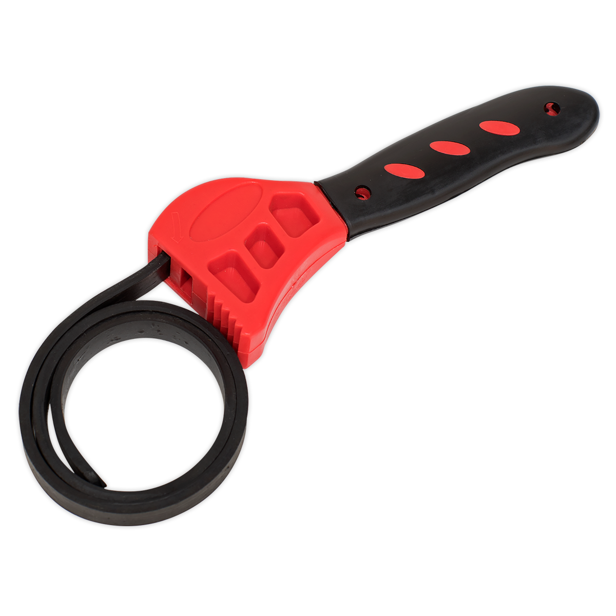 The Sealey Strap Wrench 120mm - AK6406 features a black and red adjustable strap with a soft grip rubberized handle and a looped band, perfect for gripping oil filters and other objects.