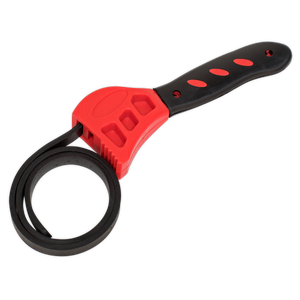 The Sealey Strap Wrench 120mm - AK6406 features a black and red adjustable strap with a soft grip rubberized handle and a looped band, perfect for gripping oil filters and other objects.