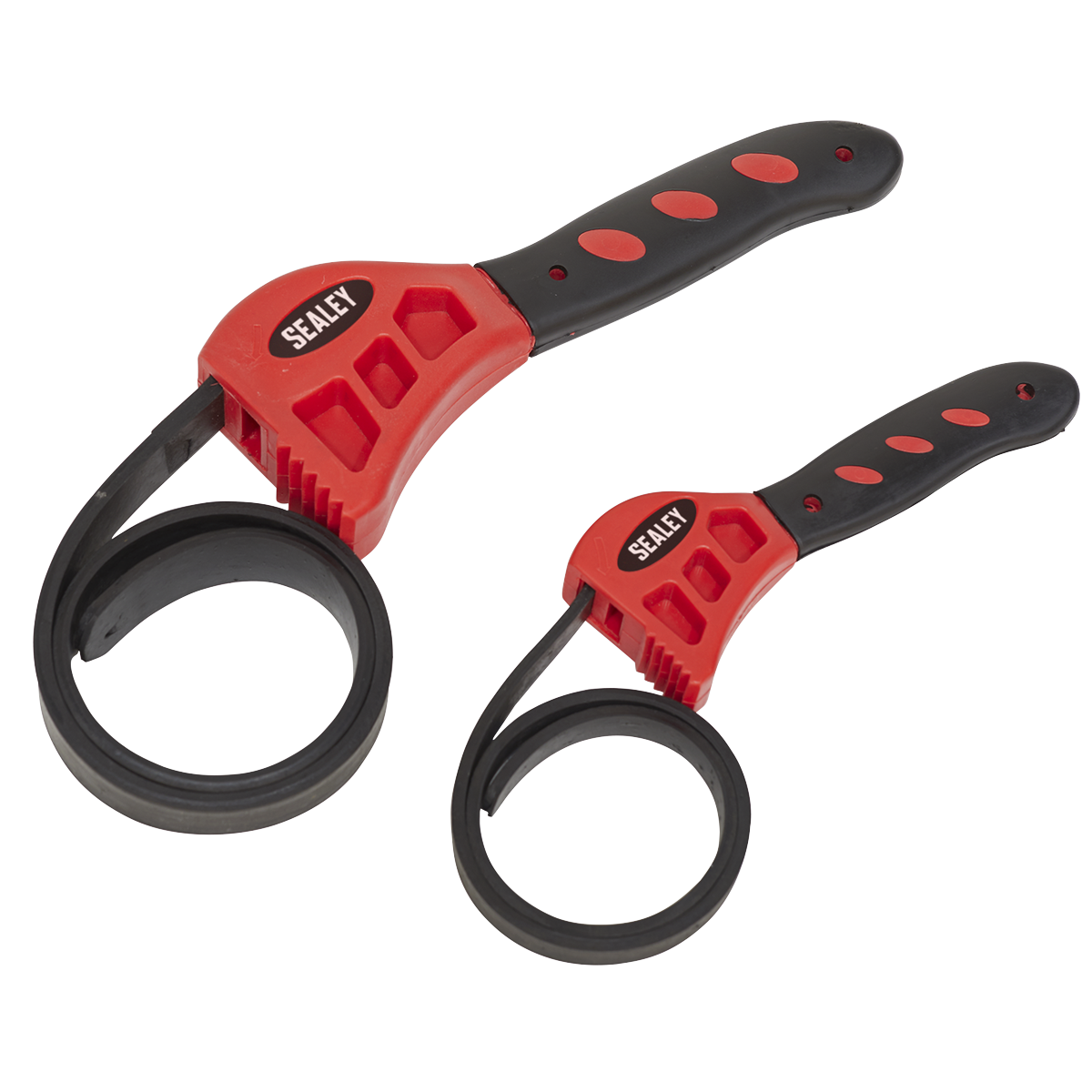 The Sealey Strap Wrench Set 2pc - AK6408 features two red and black strap wrenches of different sizes, equipped with adjustable rubber straps and soft grip handles, ideal for removing oil filters with capacities ranging from Ø120 to Ø150mm.