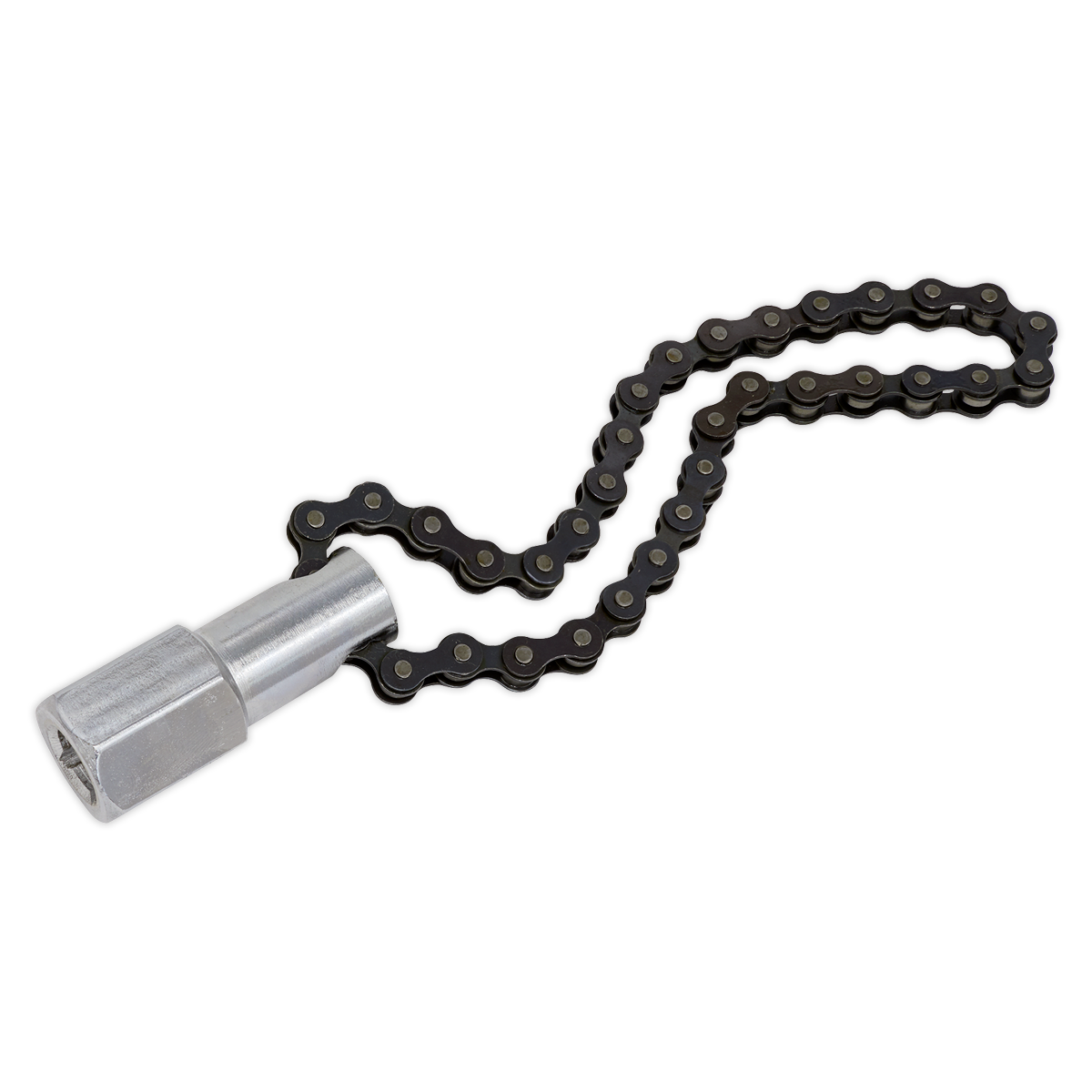 The Sealey Oil Filter Chain Wrench, model AK641, features a 135mm capacity and a 1/2" square drive, designed for heavy-duty applications.