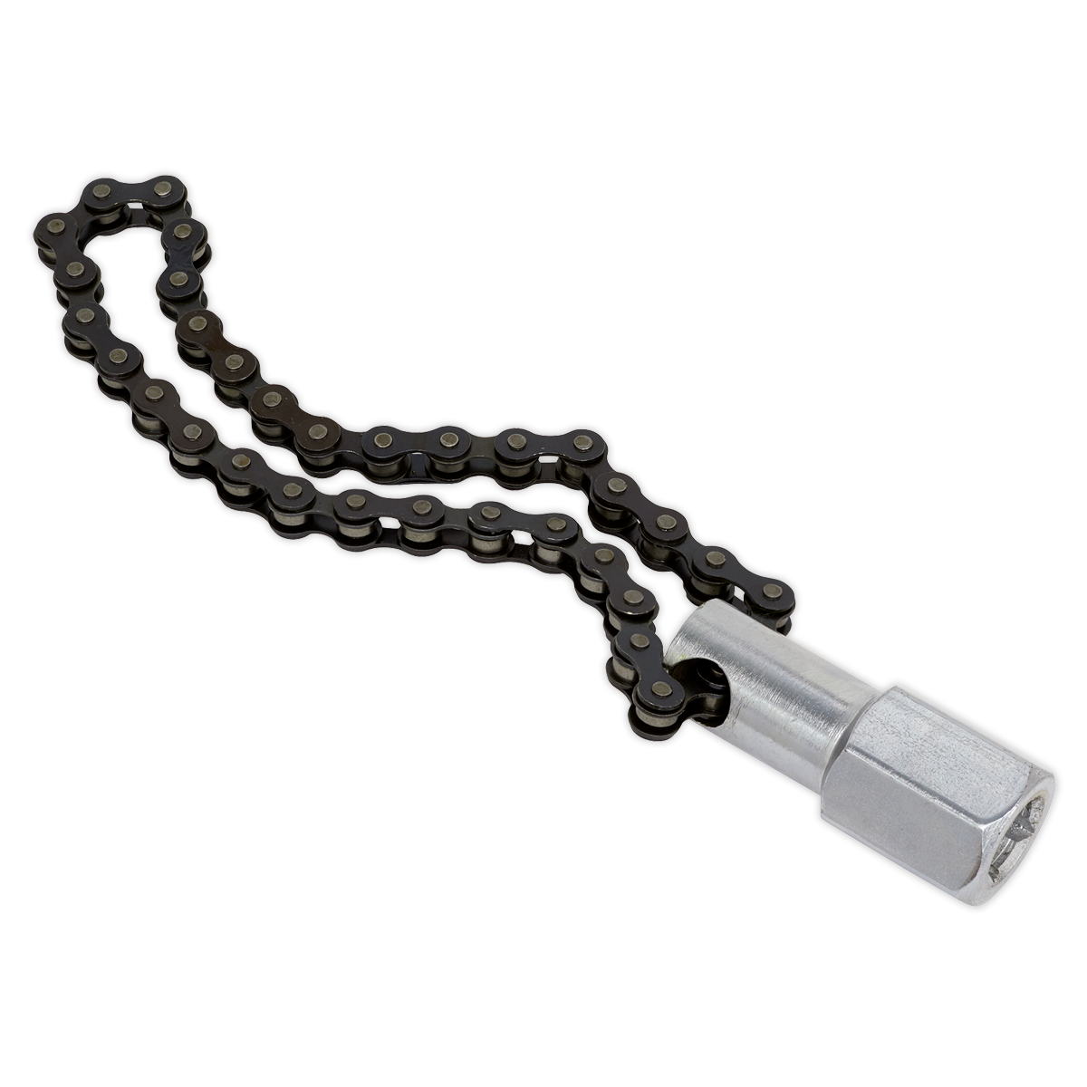 Introducing the **Oil Filter Chain Wrench 135mm Capacity 1/2"Sq Drive - AK641** by **Sealey**, featuring a sturdy carbon steel body and a cylindrical handle, perfect for gripping and turning round objects.