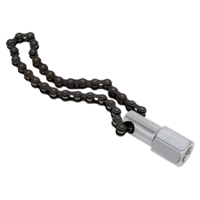 Introducing the **Oil Filter Chain Wrench 135mm Capacity 1/2"Sq Drive - AK641** by **Sealey**, featuring a sturdy carbon steel body and a cylindrical handle, perfect for gripping and turning round objects.