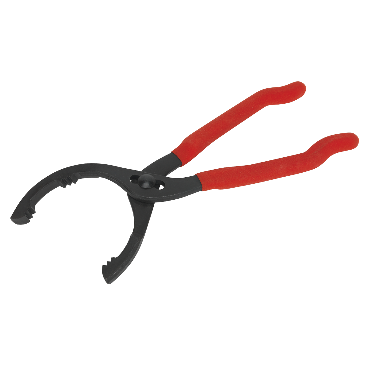 The Sealey Ø60-108mm Capacity Oil Filter Pliers - AK6411 features a red, non-slip rubber grip handle, serrated jaws, and a black metal body designed for gripping and turning filters.