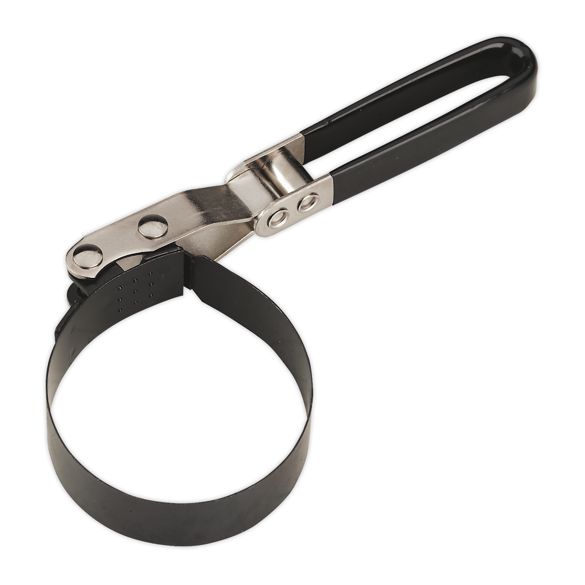 Image of the Sealey Oil Filter Band Wrench Ø73-82mm Capacity (AK6415), featuring a black metal band and PVC-dipped handle, perfect for removing and tightening oil filters with limited access.