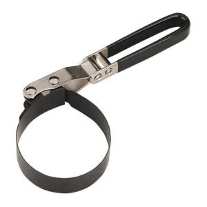 Image of the Sealey Oil Filter Band Wrench Ø73-82mm Capacity (AK6415), featuring a black metal band and PVC-dipped handle, perfect for removing and tightening oil filters with limited access.