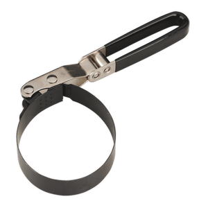 The Sealey Oil Filter Band Wrench, model AK6416, features an articulated design with a metal band and a black PVC dipped handle, making it ideal for accessing filters in tight spaces.